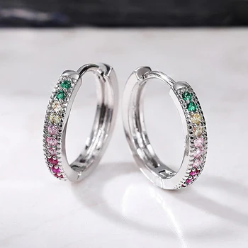 Cor do arco-íris Cristal da CZ Pequenos Brincos de Prata de Cor Loop de Ouvido, Acessórios de Moda, de Jóias de Presente de Casamento para Mulheres Meninas
