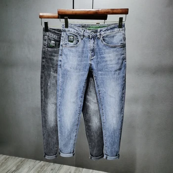 2022 Skinny Fit Jeans Para Homens Trecho de Luz Azul e Cinza Famosa Marca de Jeans Masculino Comprimento Total Calças de Roupas masculinas Jean Homme