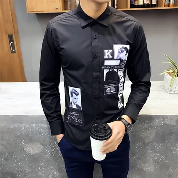 2017 nova primavera, masculina Casual Camisa de Mens Camisa de Manga Longa slim coreano carimbo B3 P30