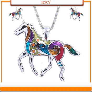 1set Cavalo Colares, Brincos do Conjunto da Liga Único Cavalo de Design de Presente do Pendente Animal Conjuntos de Jóias arco-íris Charme Acessórios