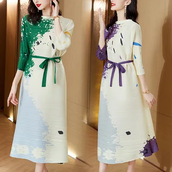 Miyake Plissado Vestido de Impressão Moda Temperamento 2022 Novo Vestido Branco Solto e Casual Colar de Lace-up Saia