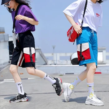 Colcha de retalhos Casual Ciclismo Shorts de Carga para as Mulheres, o Esporte de Verão de Fitness Gótico Ulzzang Harajuku Streetwear Solta Moda Shorts