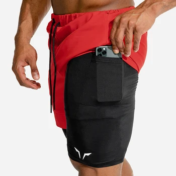 2021 Verão dos homens novos calções desportivos 2 em 1 de bolso de segurança executando shorts homens de dupla camada respirável adequação da formação calças dos homens