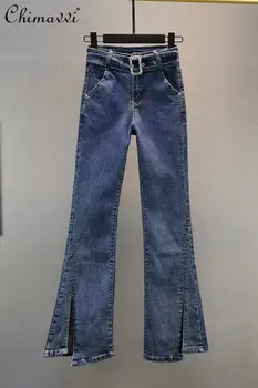 Moda feminina Diamante Cinto de Cintura Alta Slim Fit Casual Jeans 2022 Outono Novo Versátil Divisão Irregular Flare Calças de Senhoras