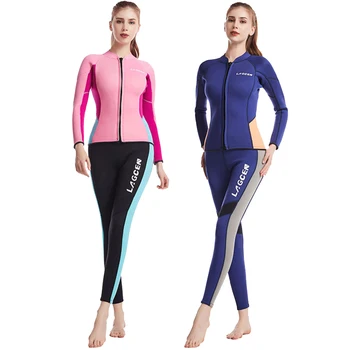 2,5 MM de Neoprene Roupa de Moda feminina Manga Longa Split Quente de protecção contra o Frio de Esportes de Água de Surf Mergulho 2 peças de roupas de borracha