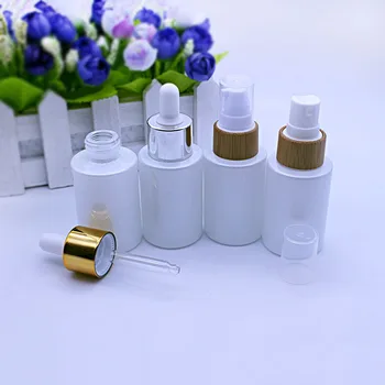 30ml de pérolas de vidro branco pipeta conta-gotas do frasco de Perfume spray loção bomba de bambu tampa de embalagens de cosméticos recipiente 50pcs