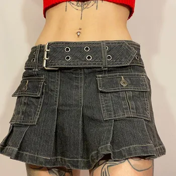 Mulheres Y2K Grunge Mini Saia Jeans Verão, Outono Sólido Plissado Multi-bolso da Saia com Cinto de Punk Streetwear Harajuku Estética