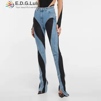EDGLuLu Cintura Alta Skinny Jeans Rasgados Mulheres 2022 Slim Nova Moda Contraste Com Retalhos De Jeans Apertado Feminino Jeans Lápis Calças 1212