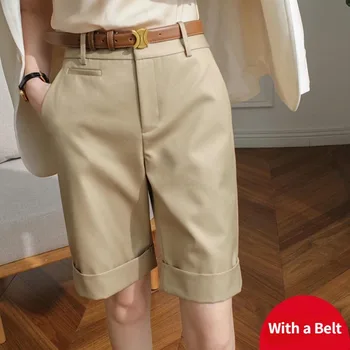 Mulheres de Verão, Shorts de Cintura Alta Joelho de Comprimento em linha Reta Calças Com Cinto Office Cáqui Branco Preto Casual, Calça Curta, as Mulheres da Moda