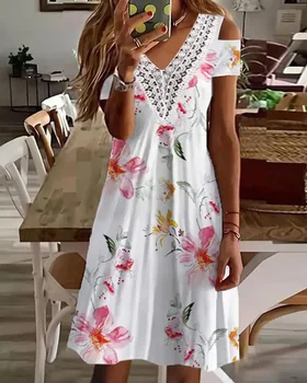 Verão as Mulheres Floral de Contraste de Impressão de Renda Ombro Frio Vestido Casual 2022 Novas Senhoras de Uma Linha V-garganta-Vestidos