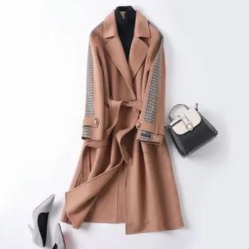 Lace-up de cor-de bloqueio de dupla face cashmere 90-95%de lã de comprimento médio de lã casaco de mulheres 2022 outono inverno casaco de lã casaco K1178
