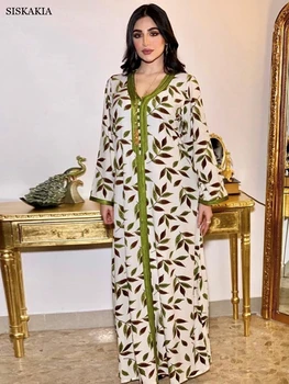 Siskakia Maxi Vestido de Dubai 2022 Chique e Elegante Verde Fita Guarnição Decote em V Manga Longa Marroquino Jalabiya Modesto Muçulmano Roupas para Mulheres