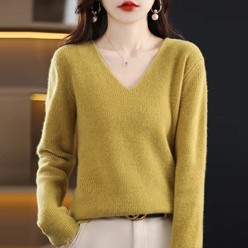 As mulheres do novo suéter de cashmere V-pescoço pulôver 100% pura lã casual tricô superior de Outono e inverno plus size mulheres coreanas do jacke