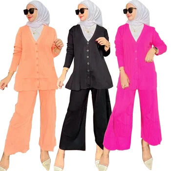 2pcs Mulheres Tops de Malha de Largura de Perna de Calça Conjunto Africano Vestidos de Terno Dashiki, Roupas Muçulmano Dubai Abaya Kaftan Botões Cardigan Casaco