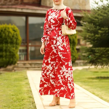 Boho Vermelho De Moda Abayas Para As Mulheres Dubai Africana Vestidos Muçulmano Com Estampa Floral E Uma Linha De Manga Longa Vestido De Banquetes Elegantes 2022 Novo