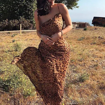 2022 Leopard Imprimir V-Neck Sexy Bodycon Vestido Longo De Mulheres Laço Sem Encosto Vestidos De Verão Feminino Tiras De Partido De Praia