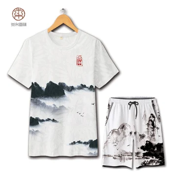 Estilo chinês de Tinta de pintura de paisagem de grandes dimensões t-shirt e shorts terno de Verão De 2018 Nova macio e confortável qualidade mens curto conjuntos