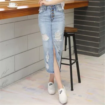 2019 a coleção Primavera / verão de 2019 mulheres buraco extremidades rachadas saia jeans de cintura alta Jeans saia lápis casual selvagem Meados de saias jupe femme w559