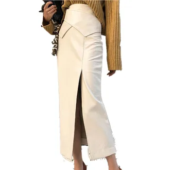 2021 Nova moda outono PU Saia de Couro Mulheres de Cintura Alta e Elegante Senhora do Escritório de Divisão Meados Pack Quadril Fino