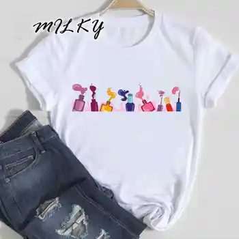 Moda Senhoras de Manga Curta, a Arte do Prego Letra Feminina T-Shirt das Mulheres T-shirts de Verão com Roupas Casuais Estética Gráfico Tshirt