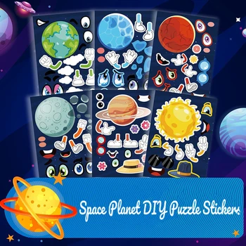 6Pcs/conjunto de desenhos animados Espaço Planeta DIY Quebra-cabeça Adesivos de Meninos e Meninas de Amor Cósmico Adesivos para Educação infantil, papel de carta
