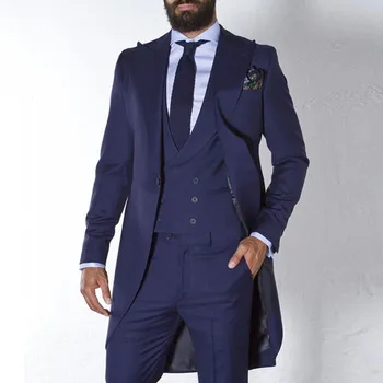 Azul marinho Tailcoat Homens Ternos para Casamento Feito Noivo Smoking Longo de Moda Masculina Blazer 3 Peças Padrinhos, Traje de 2022