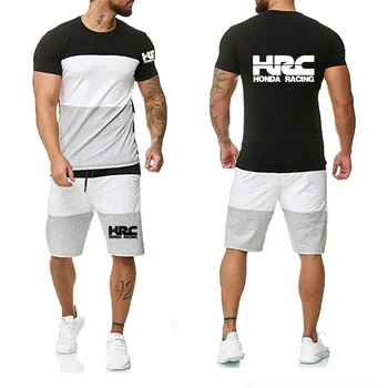 Verão Novo Colorblock Homens T-Shirts HRC corrida de moto Carro Logotipo Impresso Casual Algodão em torno do pescoço camiseta+shorts terno 2pcs