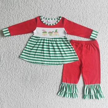 Natal Menina De Pijamas, Roupas De Listra Verde Do Conjunto De Crianças De Algodão Vermelho Plissado Calças Atacado Crianças Roupa Infantil, Pijama