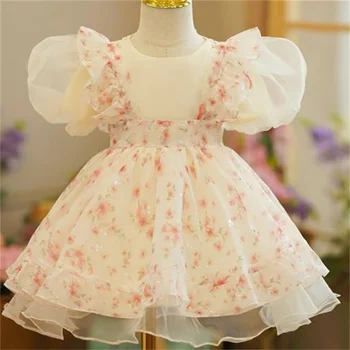 Meninas de vestido de verão novo bebê menina flor impresso vestido de festa de costura para crianças vestido de princesa