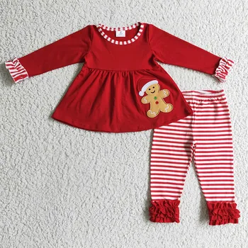Boutique de roupas de natal para as crianças Bordado Gingerbread babados túnica com a menina da calça de duas peças de conjunto bebê roupas de inverno