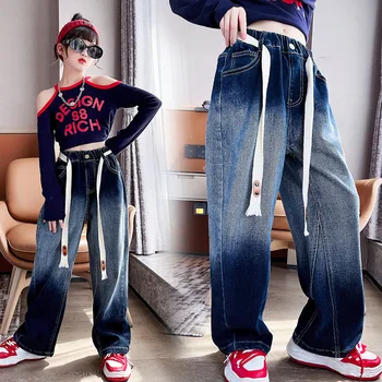 Jeans para Meninas de Moda Gradiente de Perna Larga, Calças de Crianças Roupas de Primavera Outono Adolescente de Algodão Streetwear Calças 8 10 12 14Y