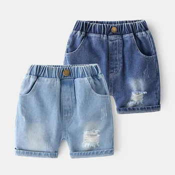 New Kids Verão Shorts Jeans Meninos Do Bebê De Moda Sólido Rasgado Shorts Jeans Crianças Casual Elástico Meados De Cintura Jeans Calças Curtas