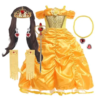 Belle Princesa Crianças Vestem A Bela E A Fera Cosplay Lantejoulas Tule Fantasia Para Meninas Festa A Fantasia 4-13 Anos