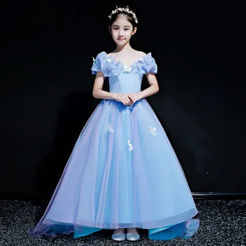 2023 Meninas Elegante Sereia Vestido de casamento da Menina das Crianças Apliques Azul Formal Partes Vestido de baile Crianças Vestidos de Noite