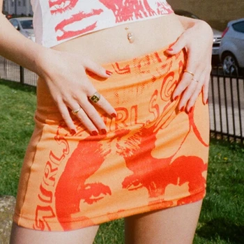90 E-Garota Sexy Cintura Alta a Mini Saia Y2k Impressão Gráfica Elástico Bodycon Saia de Verão de E-Meninas Streetwear Falda Mujer