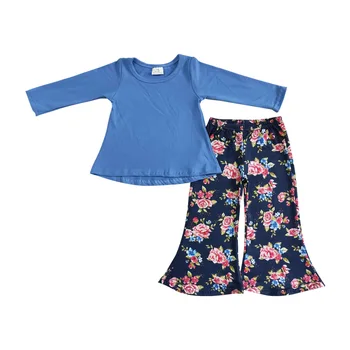 A Criança De Meninas Conjuntos De Vestuário Azul, Camisa De Mangas Compridas Boutique De Roupas De Criança Roupas Florais Bell Conjuntos De Calças De Meninas Desgaste