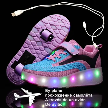 Carregamento USB Preto Duas Rodas Luminosas Tênis de Luz Led Rolo de Sapatos de Skate para Crianças Led Sapatos de Meninos Meninas rapazes raparigas Sapatos 27-40