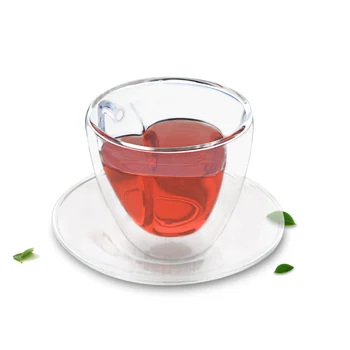 Coração Estilo Resistentes ao Calor de Parede Dupla de Vidro transparente Xícara de chá com Pires Conjunto