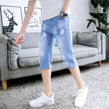 Verão de Seção Fina de Sete pontos Ripped Jeans Homens Versão coreana do Mendigo Magro Calças dos Homens de Shorts Jeans Desgaste Exterior