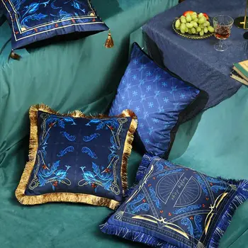 De Veludo Luxo, Borlas Fronha Decorativo Capa De Almofada Artística Sofá Azul Cadeira De Roupa De Cama Coussin Sofá Carro Almofadas