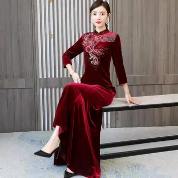 2022 chinês melhorado qipao vestido de veludo tradicional bordado de flores qipao vestido de noite vestido oriental vestido cheongsam