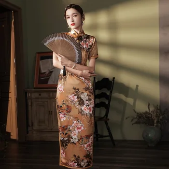 Longo Vintage Botão Qipao Mulheres Mancha Colarinho De Mandarim Cheongsams Sexy De Impressão Flores Chinês Vestido De Baile Clássico Vestido De Vestidos
