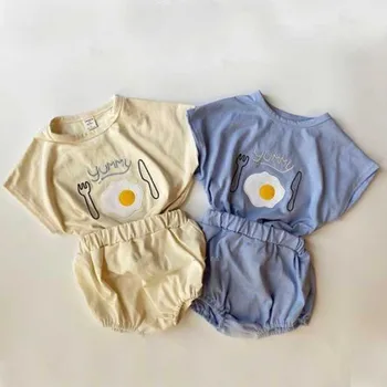 Roupas de bebê do Verão do Recém-nascido Conjunto de Roupas de Bebê Meninos da Criança Roupas de Algodão Roupas de Bebê Ovo Escalfado T-shirt + Shorts 2pcs