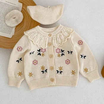 2023 Criança Menina Suéter Casaco de Primavera Outono Bordado Floral Casaquinho de Malha para Bebê em Algodão Puro, Moda Roupas de Crianças