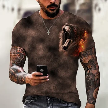 Animais T-shirt Para Homens Leão que Ruge, Impressão de Verão, O Decote Camisola de Manga Curta blusa de Moletom masculina Roupas Oversized