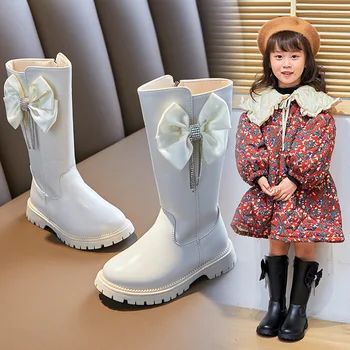 Meninas de Alta Soft Boots Elegante Borboleta Nó Princesa Botas de Mais de Veludo Botas de Inverno Qualidade PU de Couro Crianças Sobre Botas de joelho