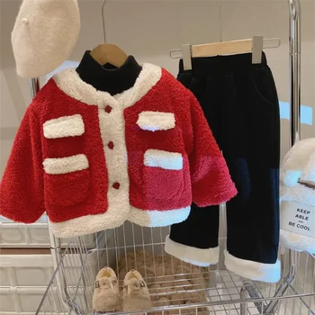 Crianças De Algodão Macio De Veludo Casaco De Pele De Vestuário De Inverno Do Bebê Crianças, Crianças De Natal Vermelho Tops