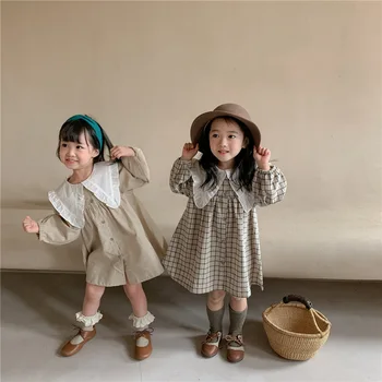 Roupas De Meninas Criança Casual, Vestido De Outono Coreano Roupa De Cama De Algodão Meninas De Vestido De Princesa Virada Para Baixo De Gola Vestido Xadrez Vestido Crianças