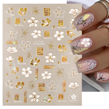 3D Ouro Branco da Folha Flor Prego Etiqueta Holográfica controles Deslizantes Para Unhas Resumo Rosto Adesivo de Manicure Nail Art Decoração Adesivos