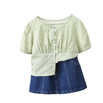 Nova Verão do Bebê Roupas de Menina Atender Crianças de Moda Camisa Xadrez Saia Curta 2Pcs/Set Criança Casual Fantasia Infantil de Treino de Crianças